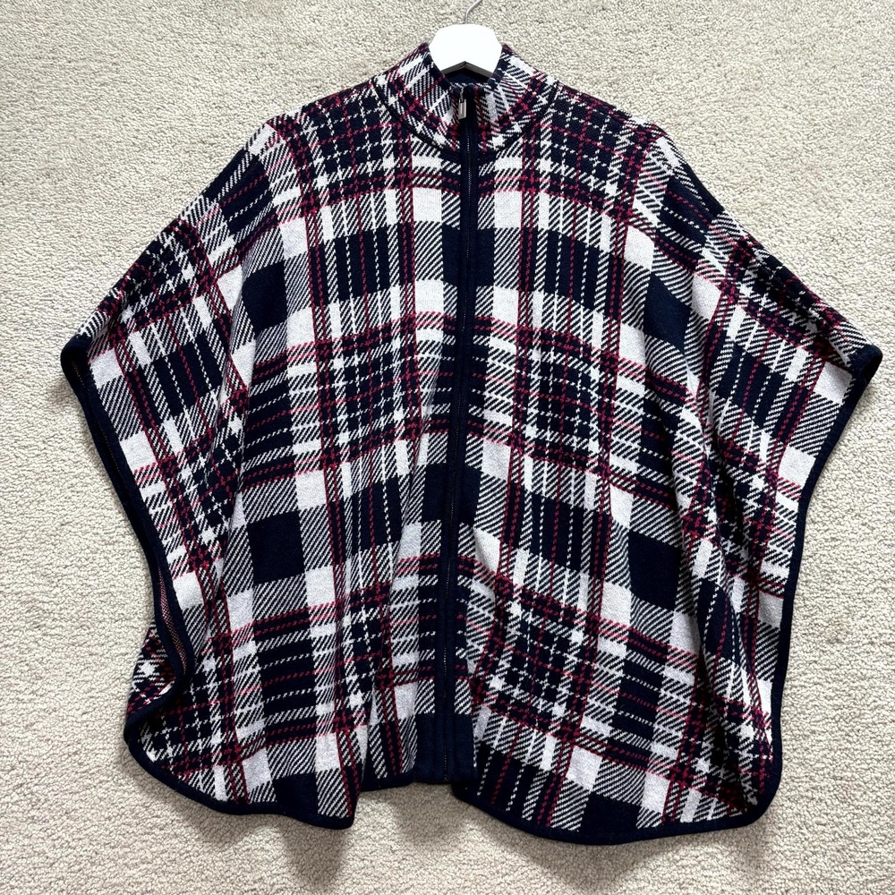 Jones New York Signature Poncho Sweater Womens S/M Multicolor Plaid Tight Knit
